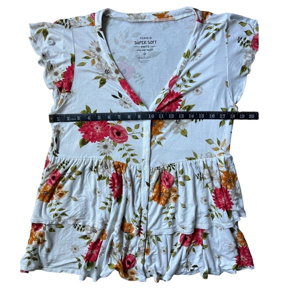 Torrid Super Soft Knits 0 White Floral Button Front Top Flutter Sleeve Ruffled - Picture 7 of 8